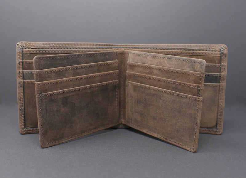RFID Distressed Full-Grain Hunter Leather Bi-Fold Wallet