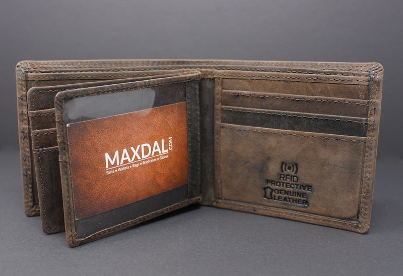 RFID Distressed Full-Grain Hunter Leather Bi-Fold Wallet