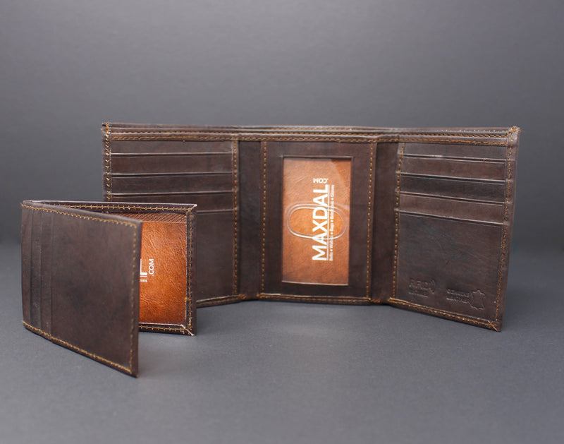 RFID Cowhide Leather Tri-Fold Wallet With A Slide Out Removable Card Case