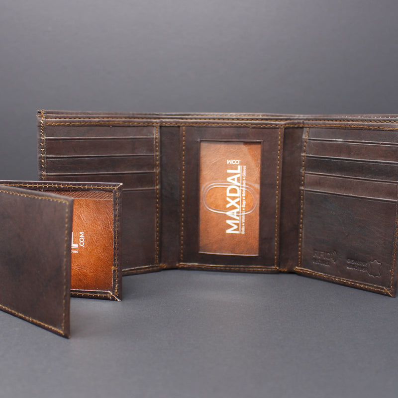 RFID Cowhide Leather Tri-Fold Wallet With A Slide Out Removable Card Case