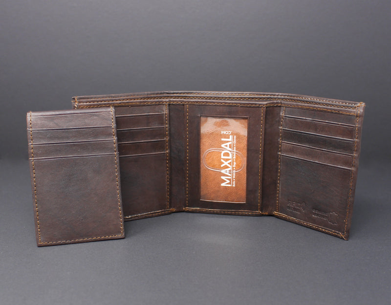RFID Cowhide Leather Tri-Fold Wallet With A Slide Out Removable Card Case