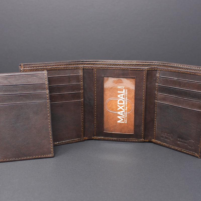 RFID Cowhide Leather Tri-Fold Wallet With A Slide Out Removable Card Case