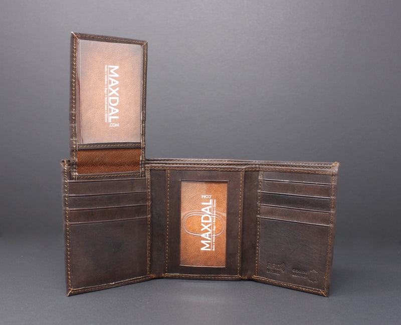 RFID Cowhide Leather Tri-Fold Wallet With A Slide Out Removable Card Case