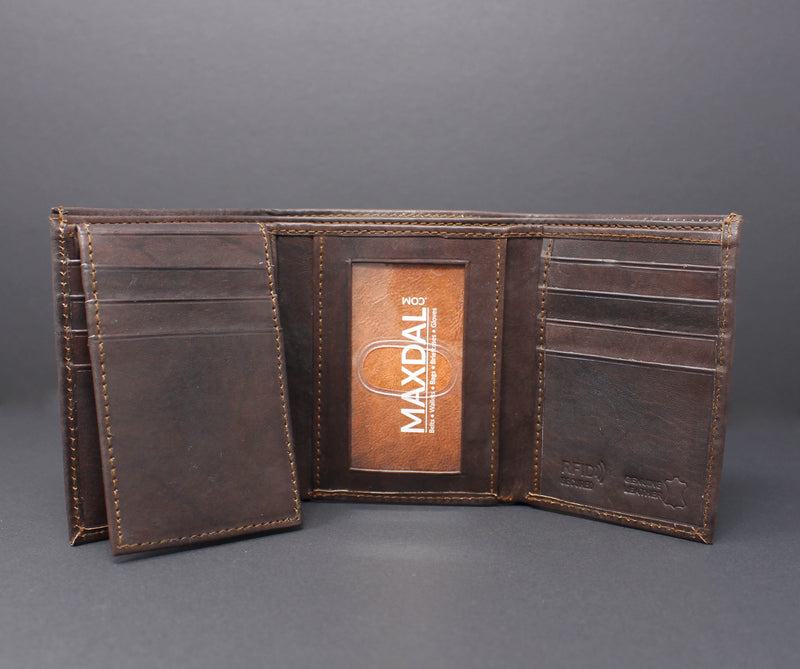 RFID Cowhide Leather Tri-Fold Wallet With A Slide Out Removable Card Case
