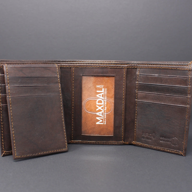 RFID Cowhide Leather Tri-Fold Wallet With A Slide Out Removable Card Case