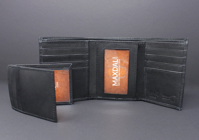 RFID Cowhide Leather Tri-Fold Wallet With A Slide Out Removable Card Case
