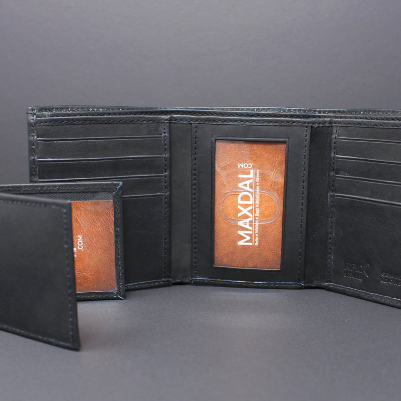 RFID Cowhide Leather Tri-Fold Wallet With A Slide Out Removable Card Case
