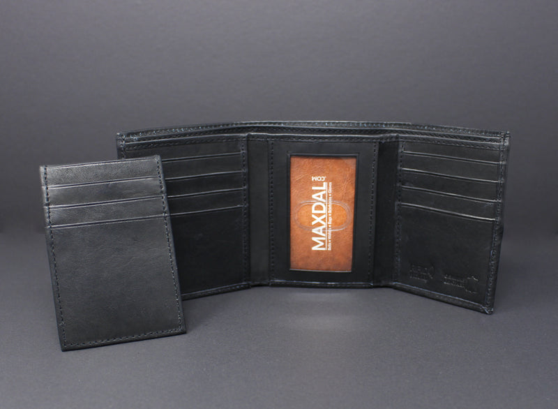 RFID Cowhide Leather Tri-Fold Wallet With A Slide Out Removable Card Case