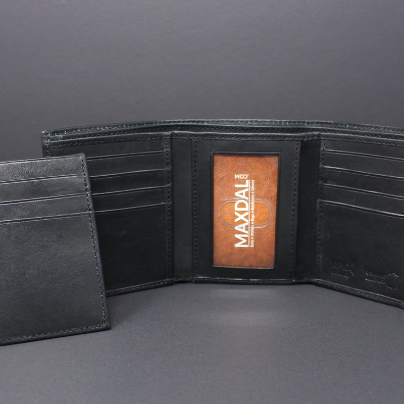 RFID Cowhide Leather Tri-Fold Wallet With A Slide Out Removable Card Case