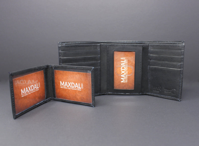 RFID Cowhide Leather Tri-Fold Wallet With A Slide Out Removable Card Case