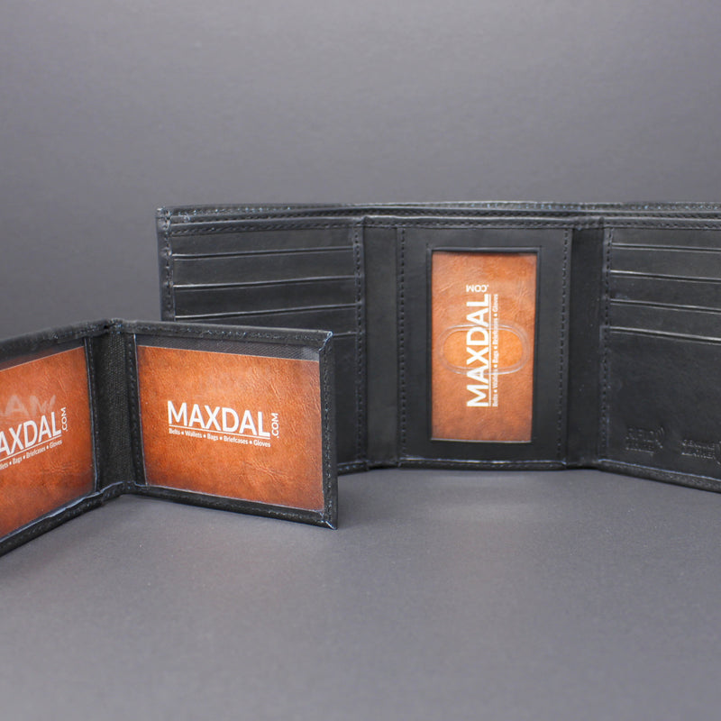 RFID Cowhide Leather Tri-Fold Wallet With A Slide Out Removable Card Case