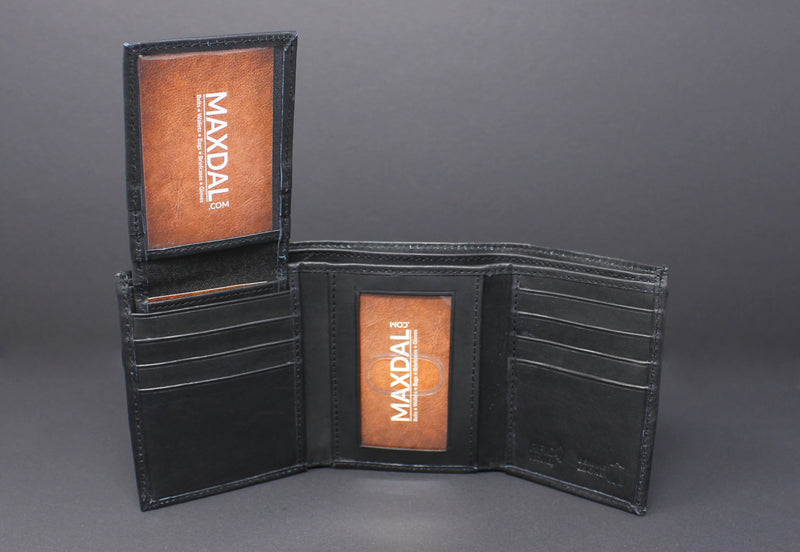 RFID Cowhide Leather Tri-Fold Wallet With A Slide Out Removable Card Case