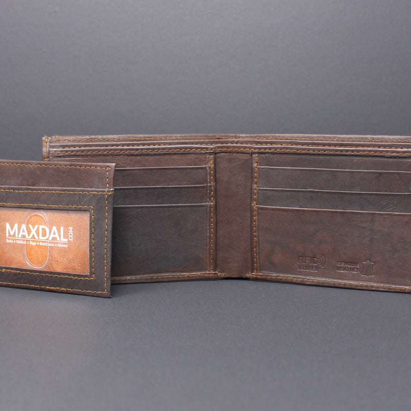 RFID Cowhide Leather Bi-Fold Slim Wallet With A Slide Out Removable Card Case