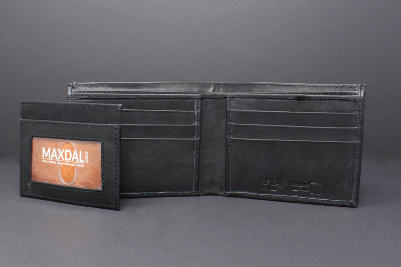 RFID Cowhide Leather Bi-Fold Slim Wallet With A Slide Out Removable Card Case