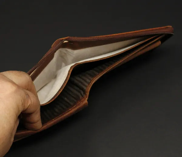 RFID Distressed Full-Grain Leather Bi-Fold Zipper Wallet