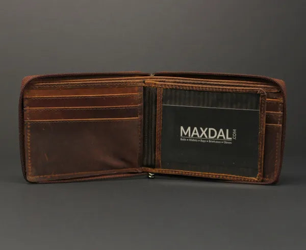 RFID Distressed Full-Grain Leather Bi-Fold Zipper Wallet