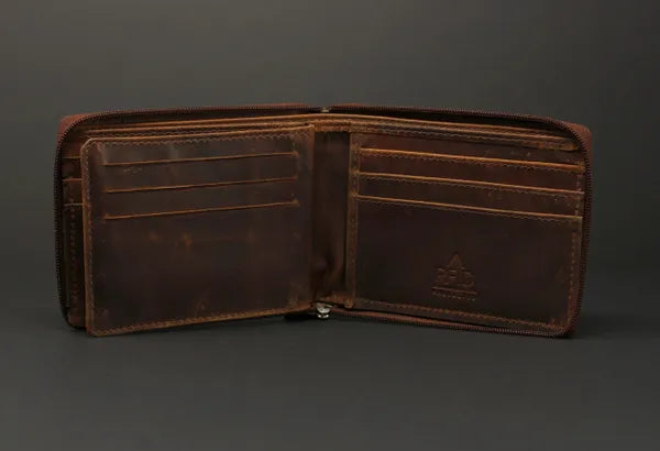 RFID Distressed Full-Grain Leather Bi-Fold Zipper Wallet
