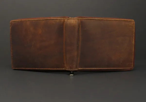RFID Distressed Full-Grain Leather Bi-Fold Zipper Wallet