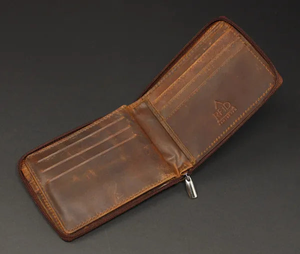 RFID Distressed Full-Grain Leather Bi-Fold Zipper Wallet