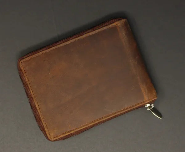 RFID Distressed Full-Grain Leather Bi-Fold Zipper Wallet