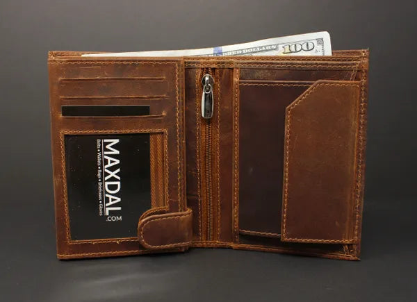 RFID Distressed Full-Grain Leather Bi-Fold Zipper Wallet