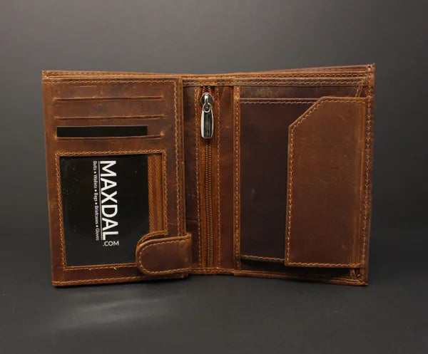 RFID Distressed Full-Grain Leather Bi-Fold Zipper Wallet