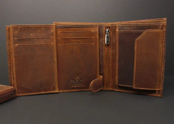 RFID Distressed Full-Grain Leather Bi-Fold Zipper Wallet