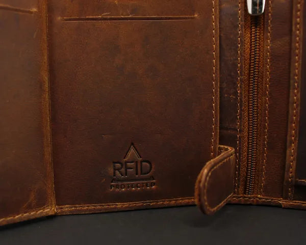 RFID Distressed Full-Grain Leather Bi-Fold Zipper Wallet