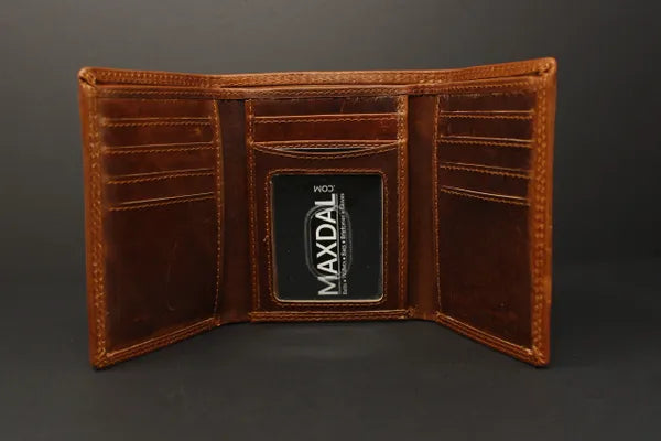 RFID Distressed Oil Pull Up Full-Grain Leather Tri-Fold Wallet