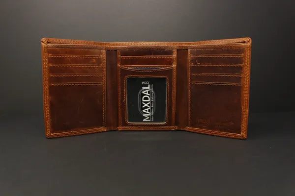 RFID Distressed Oil Pull Up Full-Grain Leather Tri-Fold Wallet