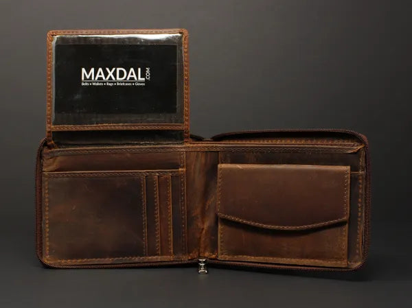 RFID Distressed Full-Grain Leather Bi-Fold Zipper Wallet